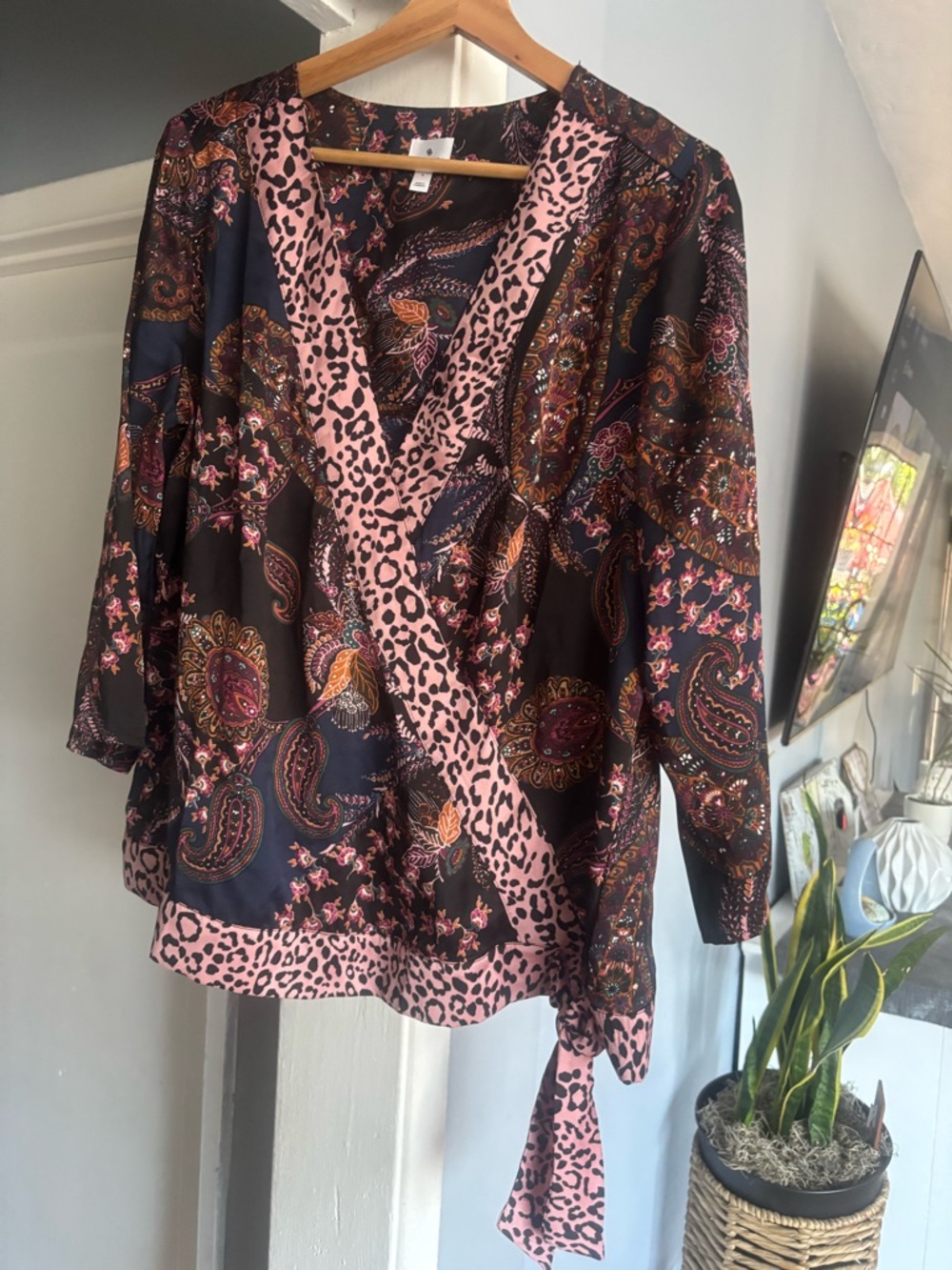 dressbarn Black Paisley Wrap Tunic with Pink Leopard Trim